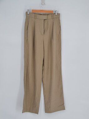 Aritzia Babaton Linen Blend Pants Womens 8 Brown High Waist Pleated Straight